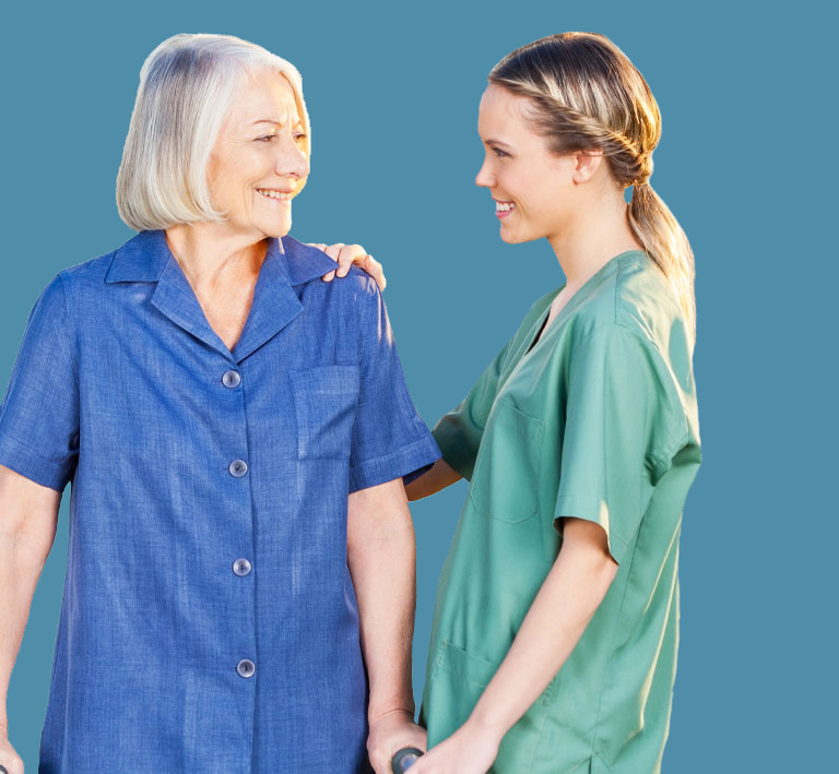 CNA assisting a nursing home resident with walker
